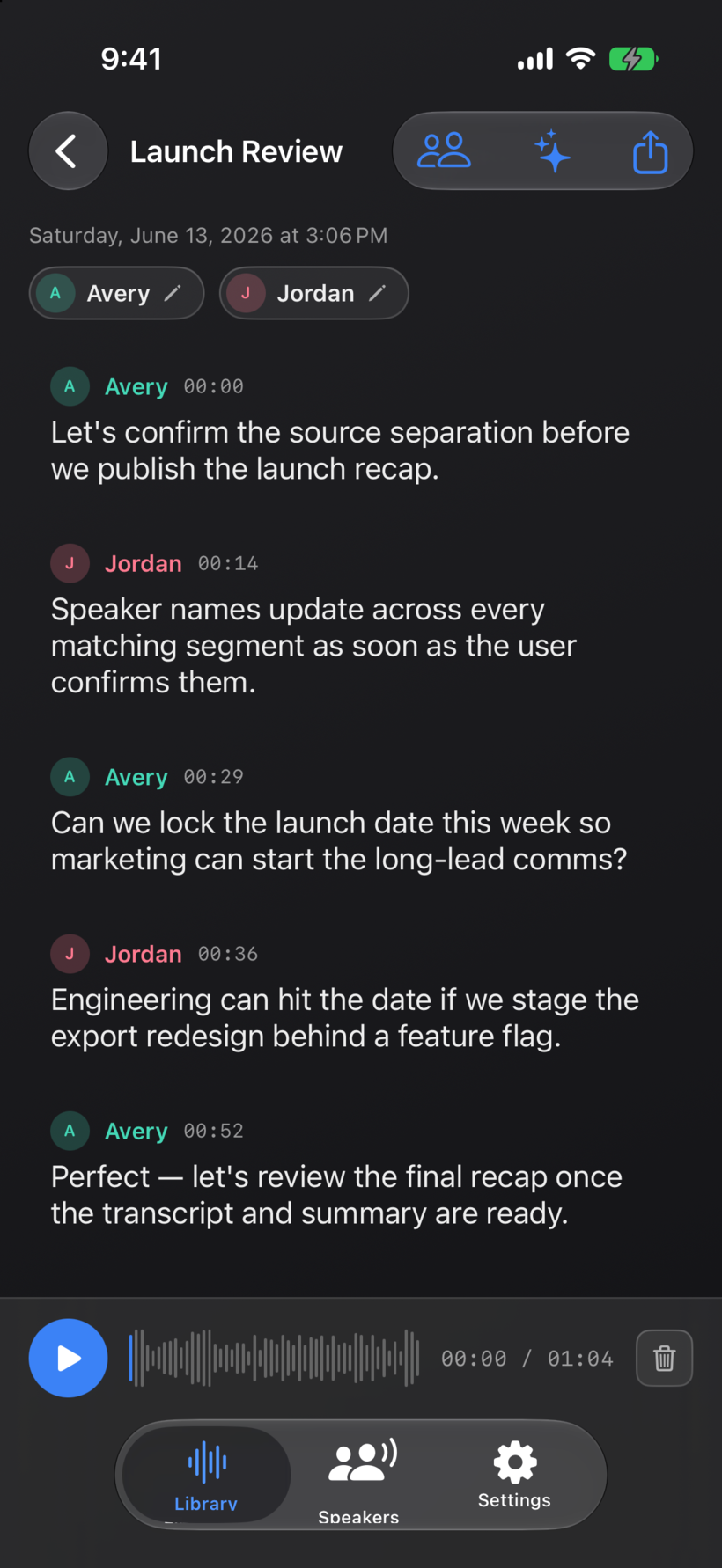 Synopsule on iPhone: the same kind of transcript with colored speakers and a playback bar