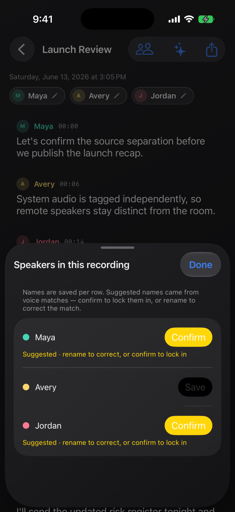 Synopsule iPhone speaker roster showing two voices auto-recognized from earlier recordings, each marked Suggested to confirm or rename