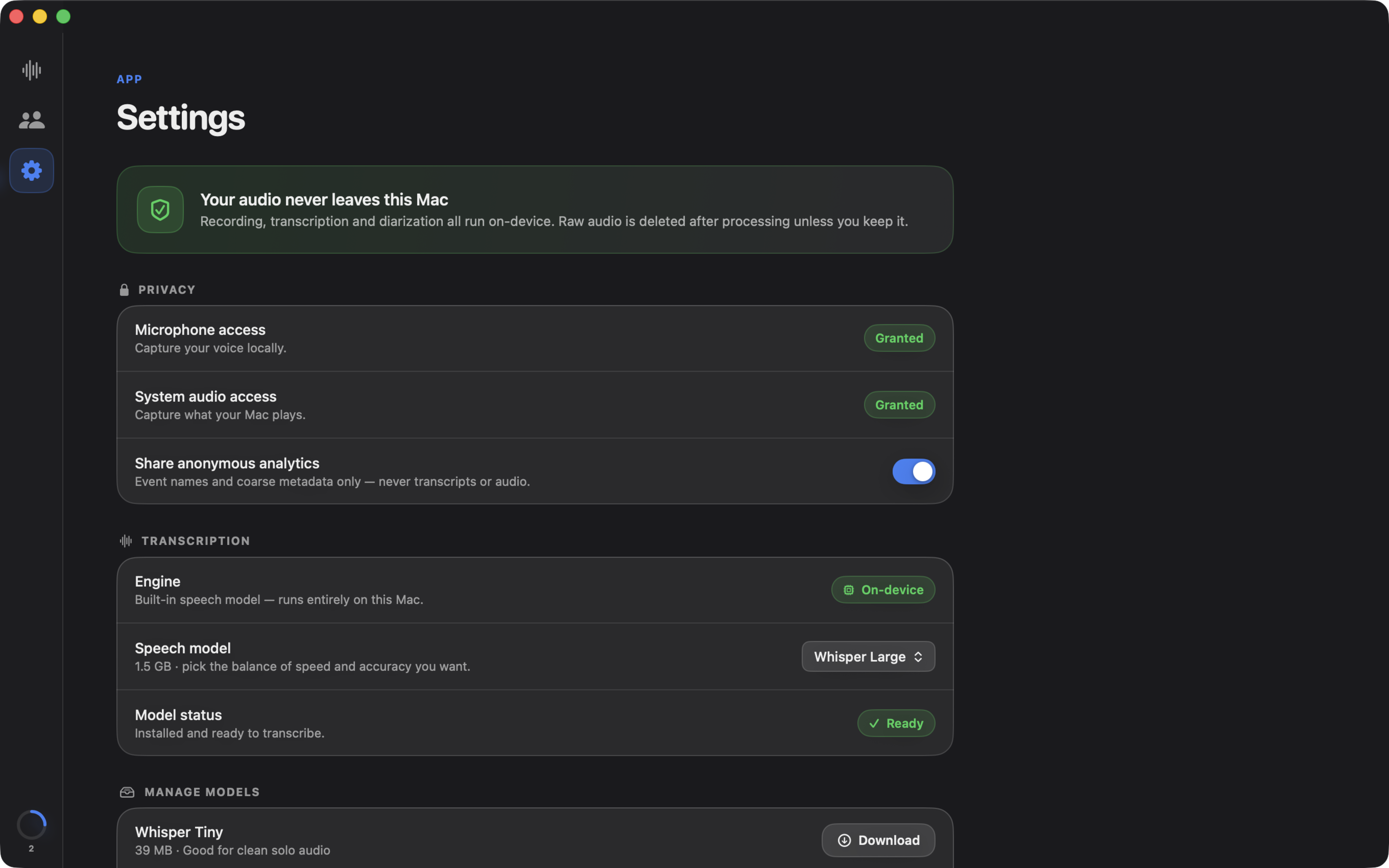 Synopsule privacy settings on macOS: local-by-default recording and transcript-only retention